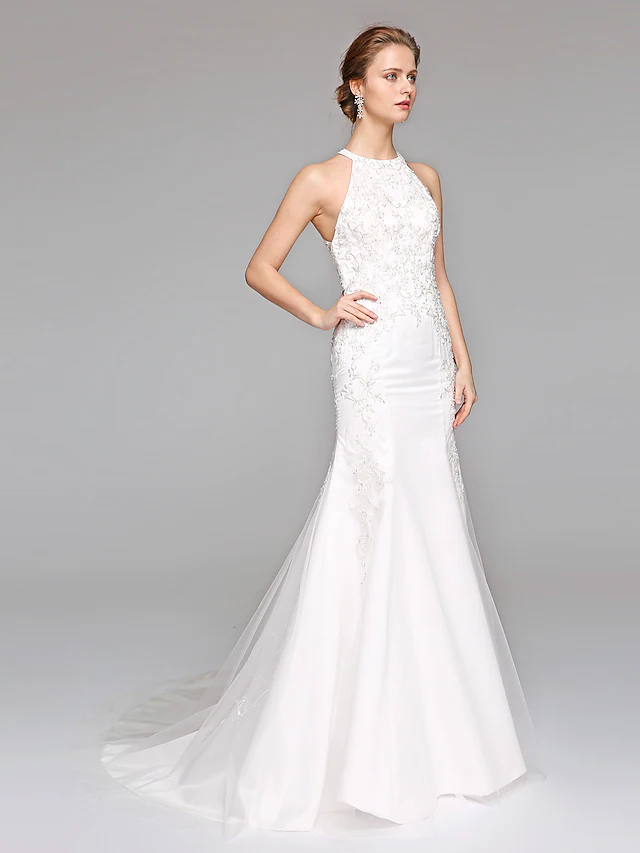 Luolandi Wedding Dresses Halter NeckLace Over Tulle Regular Straps Sexy Illusion Detail